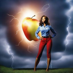 A dynamic and vibrant image featuring an apple core with lightning striking around it, symbolizing energy and power