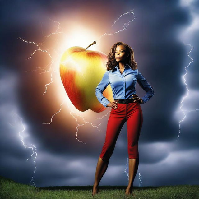 A dynamic and vibrant image featuring an apple core with lightning striking around it, symbolizing energy and power