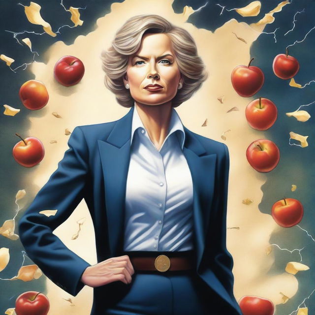 A detailed drawing of a woman president standing confidently, with apple cores scattered around her feet and lightning striking in the background