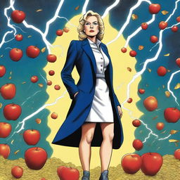 A detailed drawing of a woman president standing confidently, with apple cores scattered around her feet and lightning striking in the background