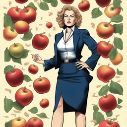 A detailed drawing of a woman president standing confidently, with apple cores scattered around her feet and lightning striking in the background