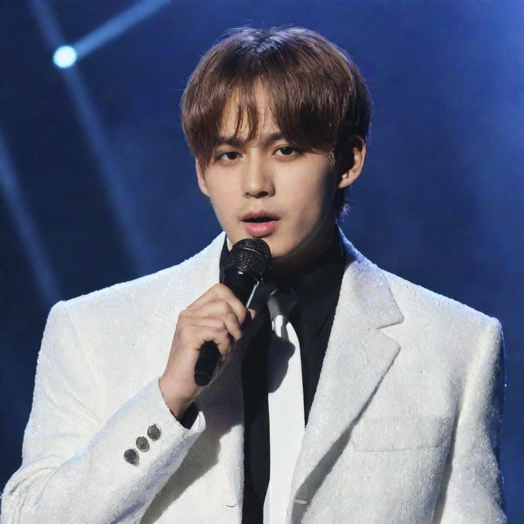 V of BTS, real name Kim Taehyung, in striking stage attire, radiating charisma while holding a microphone.