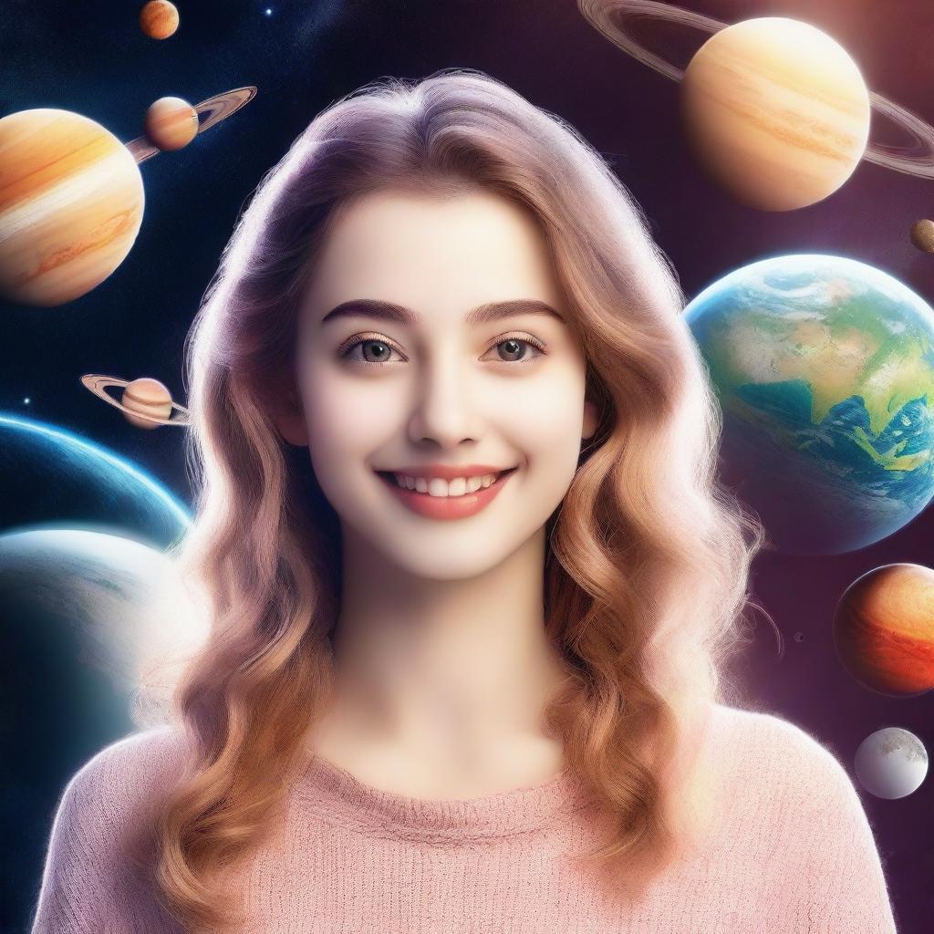 A cute realistic girl with a smile on her face, depicted in a photo-poster style with a cinematic feel