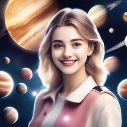 A cute realistic girl with a smile on her face, depicted in a photo-poster style with a cinematic feel