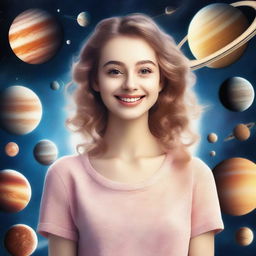 A cute realistic girl with a smile on her face, depicted in a photo-poster style with a cinematic feel