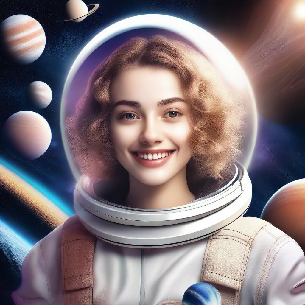 A cute realistic girl with a smile on her face, depicted in a photo-poster style with a cinematic feel