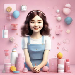 A cute 3D realistic girl with a smile on her face, depicted in a photo-poster style with a cinematic feel