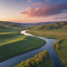 A beautiful sprawling landscape with rolling hills, a crystal-clear river, and a vibrant sunset casting warm, soft hues across the sky.