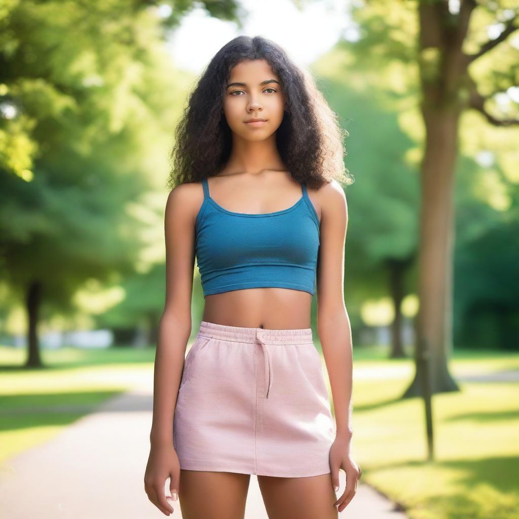 A tall and confident 16-year-old girl of mixed Norwegian and Indian heritage, standing in a park on a summer morning