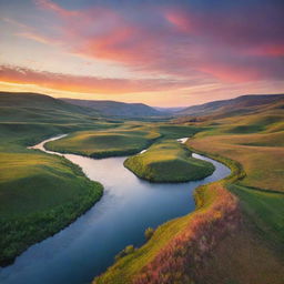 A beautiful sprawling landscape with rolling hills, a crystal-clear river, and a vibrant sunset casting warm, soft hues across the sky.