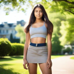 A tall and confident 16-year-old girl of mixed Norwegian and Indian heritage, standing in a park on a summer morning