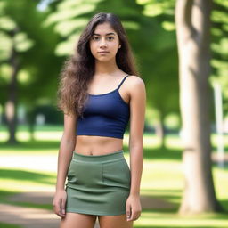 A tall and confident 16-year-old girl of mixed Norwegian and Indian heritage, standing in a park on a summer morning