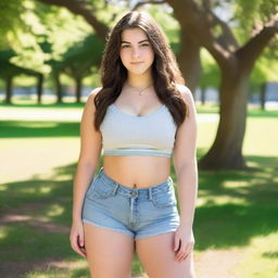 A tall and confident 16-year-old girl standing in a park on a summer morning