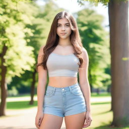 A tall and confident 16-year-old girl standing in a park on a summer morning