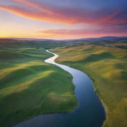 A beautiful sprawling landscape with rolling hills, a crystal-clear river, and a vibrant sunset casting warm, soft hues across the sky.