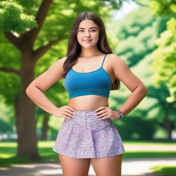 A 16-year-old girl exuding confidence, standing tall in a vibrant summer park setting