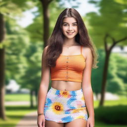 A 16-year-old girl exuding confidence, standing tall in a vibrant summer park setting