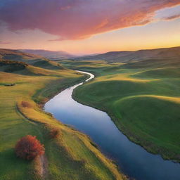 A beautiful sprawling landscape with rolling hills, a crystal-clear river, and a vibrant sunset casting warm, soft hues across the sky.