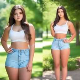 A 16-year-old girl exuding confidence, standing tall in a vibrant summer park setting