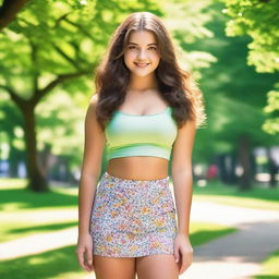 A 16-year-old girl exuding confidence, standing tall in a vibrant summer park setting