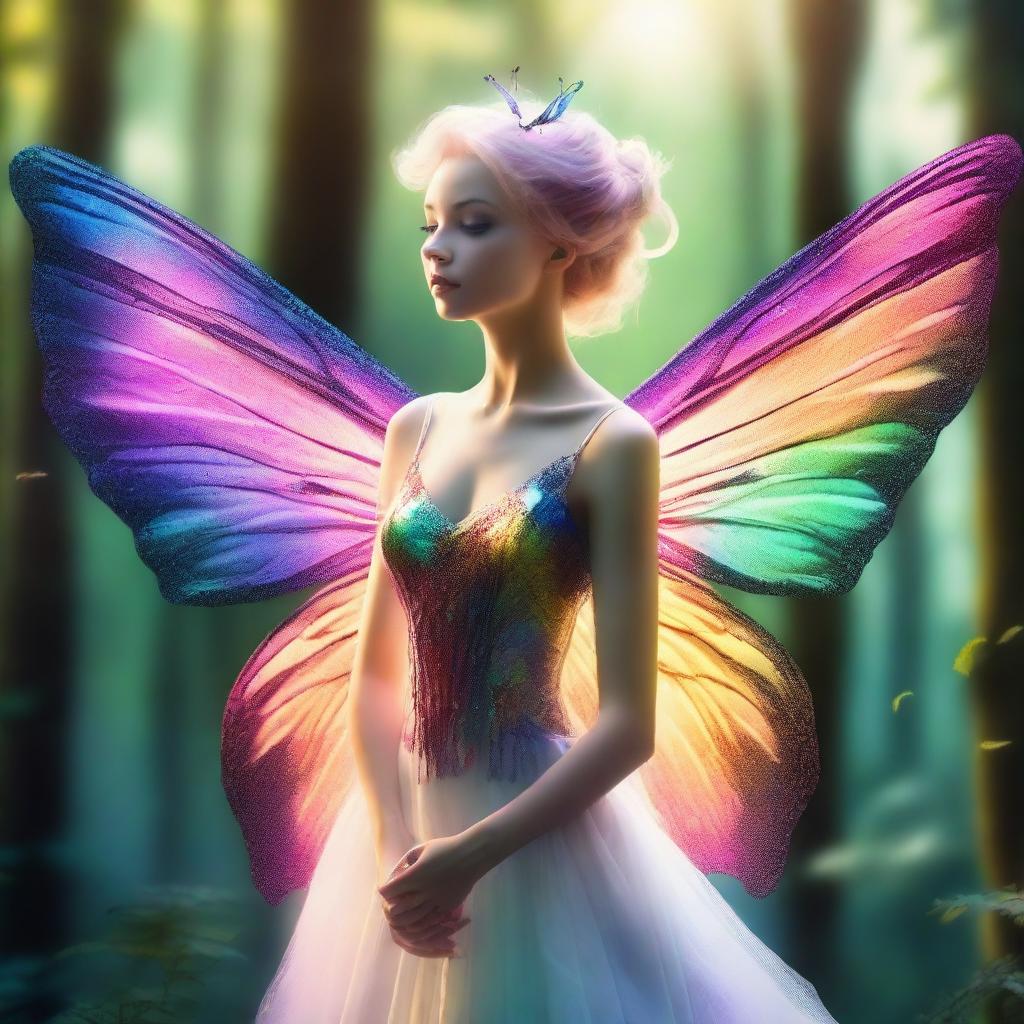 A beautiful humanoid butterfly woman with delicate wings, vibrant colors, and an ethereal appearance