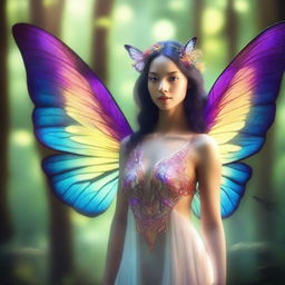 A beautiful humanoid butterfly woman with delicate wings, vibrant colors, and an ethereal appearance