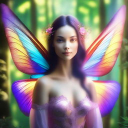 A beautiful humanoid butterfly woman with delicate wings, vibrant colors, and an ethereal appearance