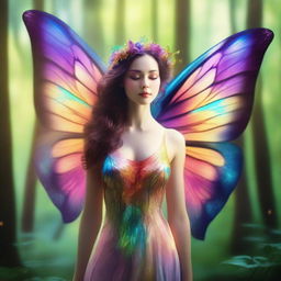 A beautiful humanoid butterfly woman with delicate wings, vibrant colors, and an ethereal appearance