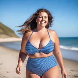 A beautiful English girl with a plus-size figure wearing a swimsuit