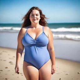 A beautiful English girl with a plus-size figure wearing a swimsuit