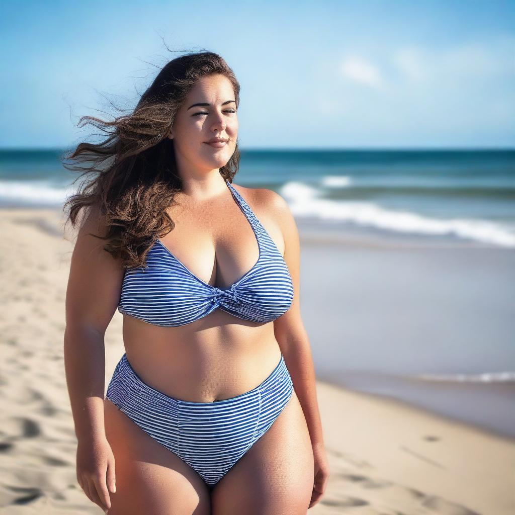 A beautiful English girl with a plus-size figure wearing a swimsuit