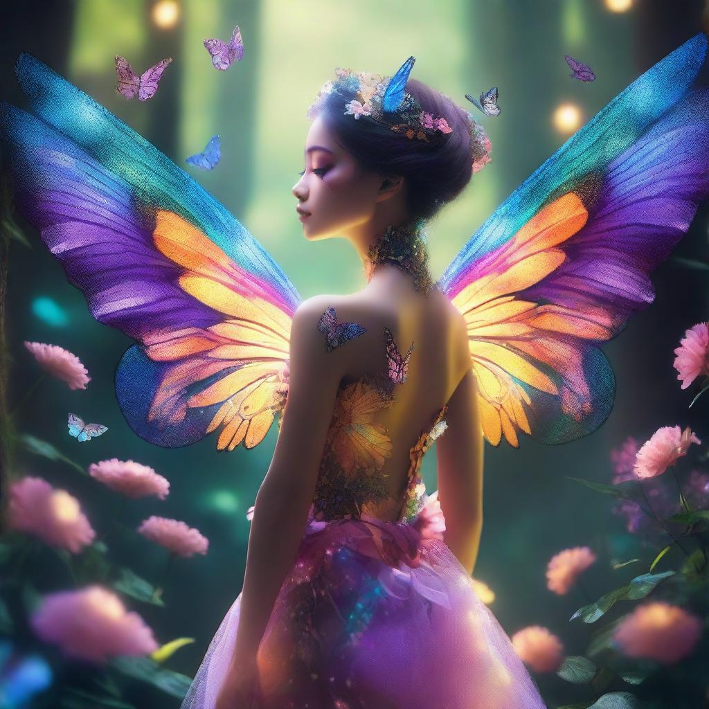 A mesmerizing half-human, half-butterfly creature with intricate, colorful wings and a human-like upper body