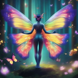 A mesmerizing half-human, half-butterfly creature with intricate, colorful wings and a human-like upper body