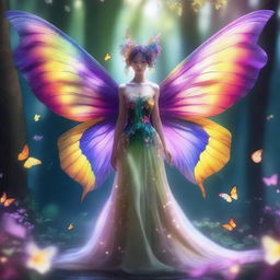 A mesmerizing half-human, half-butterfly creature with intricate, colorful wings and a human-like upper body