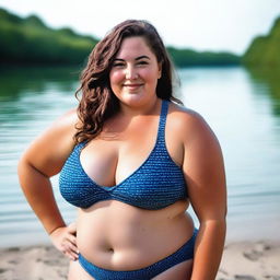 A beautiful English girl with a plus-size body, wearing a swim suit, depicted in a high-resolution 8k image