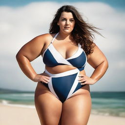 A beautiful English girl with a plus-size body, wearing a swim suit, depicted in a high-resolution 8k image