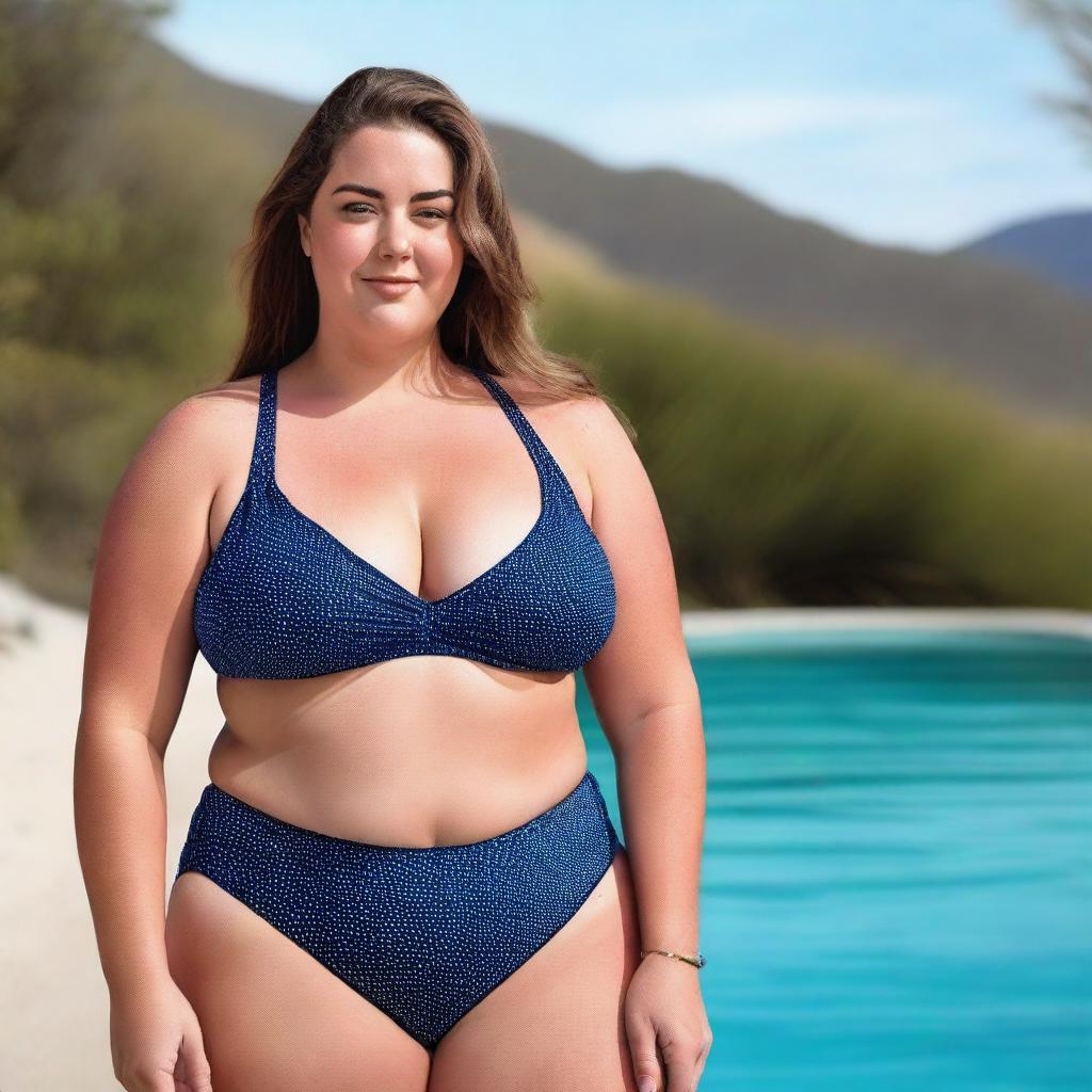 A beautiful English girl with a plus-size body, wearing a swim suit, depicted in a high-resolution 8k image