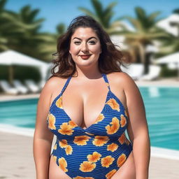 A beautiful English girl with a plus-size body, wearing a swim suit, depicted in a high-resolution 8k image