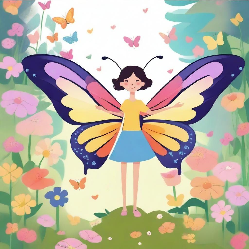 A short human with delicate butterfly wings and antennae, standing in a whimsical garden