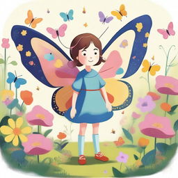 A short human with delicate butterfly wings and antennae, standing in a whimsical garden