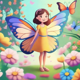 A short human with delicate butterfly wings and antennae, standing in a whimsical garden