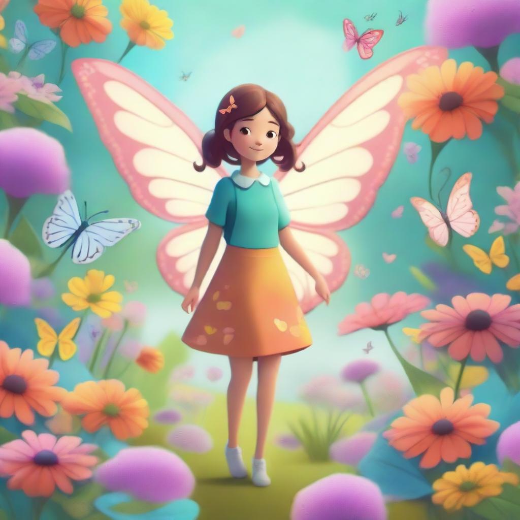 A short human with delicate butterfly wings and antennae, standing in a whimsical garden