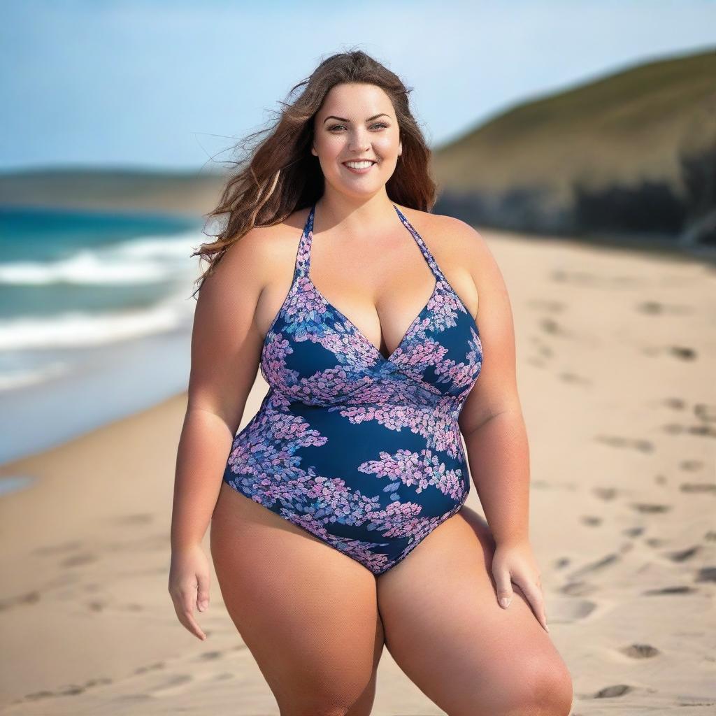 A beautiful English girl with a plus-size figure wearing a swimsuit, depicted in high resolution