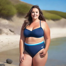 A beautiful English girl with a plus-size figure wearing a swimsuit, depicted in high resolution