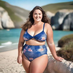 A beautiful English girl with a plus-size figure wearing a swimsuit, depicted in high resolution