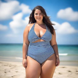 A beautiful English girl with a plus-size figure wearing a swimsuit, depicted in high resolution