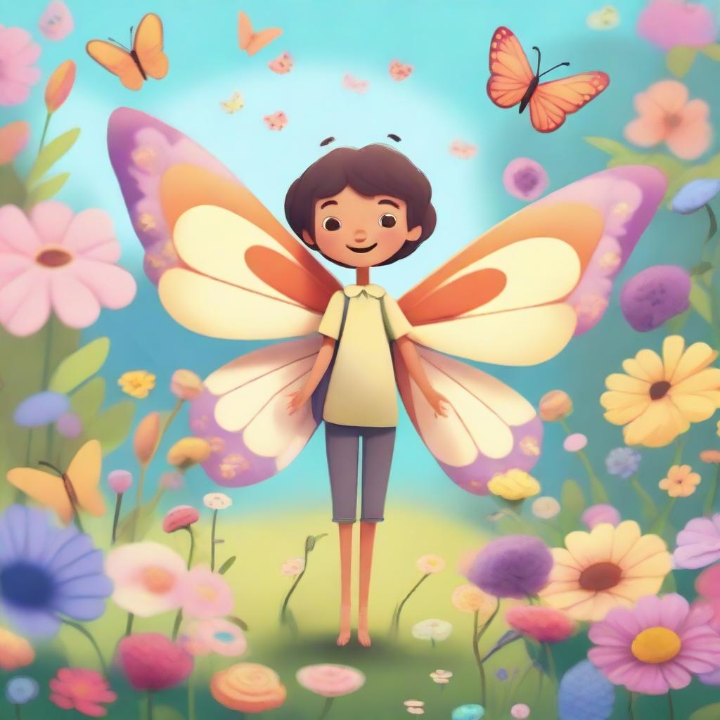 A short human with delicate butterfly wings and antennae, standing in a whimsical garden