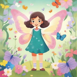 A short human with delicate butterfly wings and antennae, standing in a whimsical garden