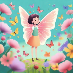 A short human with delicate butterfly wings and antennae, standing in a whimsical garden