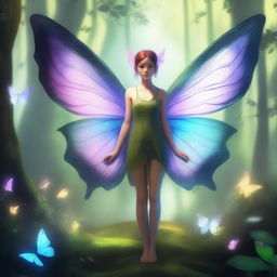 A short human fey with delicate butterfly wings and antennae, standing in a mystical forest